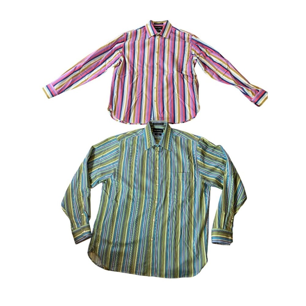 2 Paul Fredrick Mens Classic Fit Dress Shirts Pink & Green Striped Medium